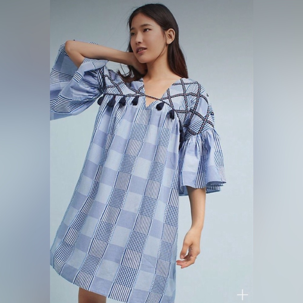 Maeve from Anthropologie Blue and White Checkered Dress with Black Tassels